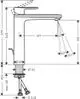 Hansgrohe Waschtischmischer mit einem Hebel, isolierter Wasserführung und Zugstangen-Ablaufgarnitur in Chrom. Technische Zeichnung mit Abmessungen und Installationsdetails.